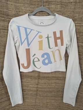 With Jean White Multicolor Graphic Long Sleeve Crop Top Tee T-Shirt
